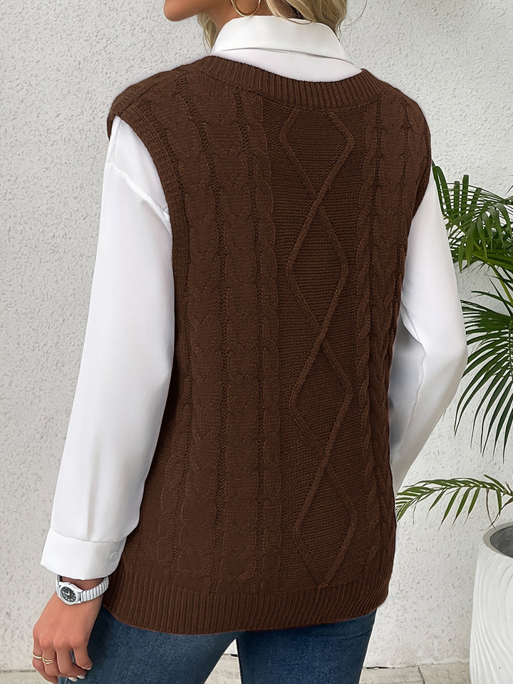 Cora | Gezellige Kabelgebreide V-Hals Sweater Vest