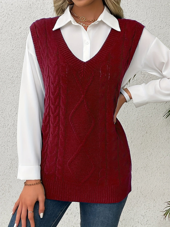 Cora | Gezellige Kabelgebreide V-Hals Sweater Vest