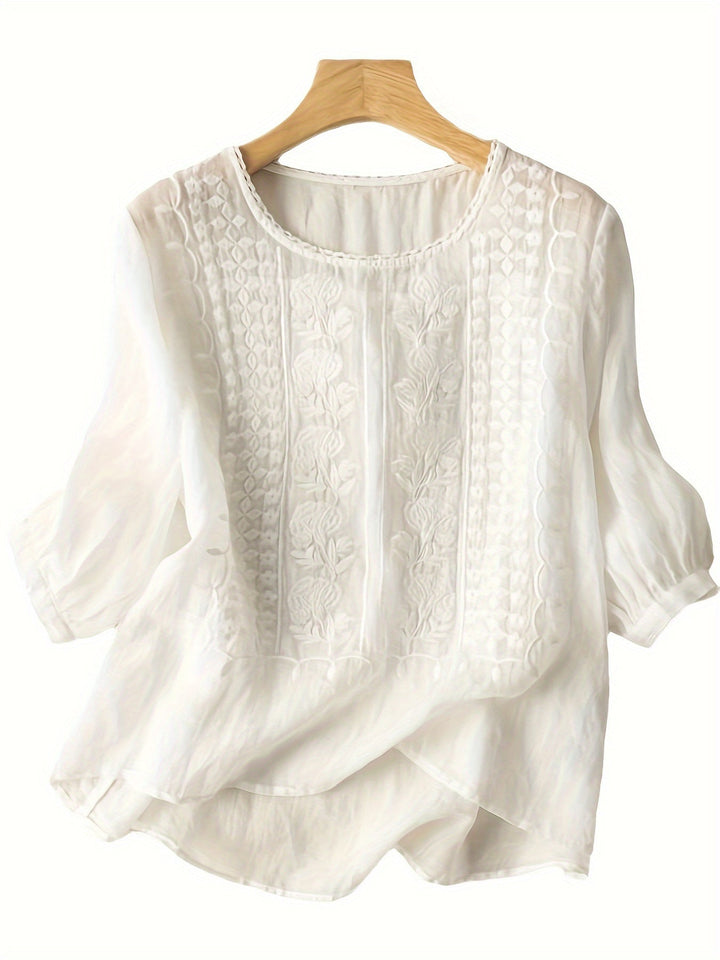 Susannah | Geborduurde Blouse met Ronde Hals