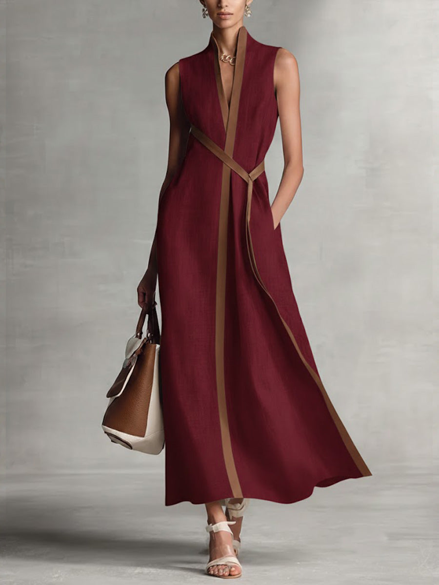 Verity | Contrast-Trim Mouwloze Midi-Jurk
