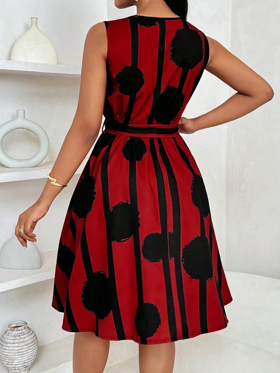 Vivienne | Elegante Geometrische Print Taille-Tie Jurk