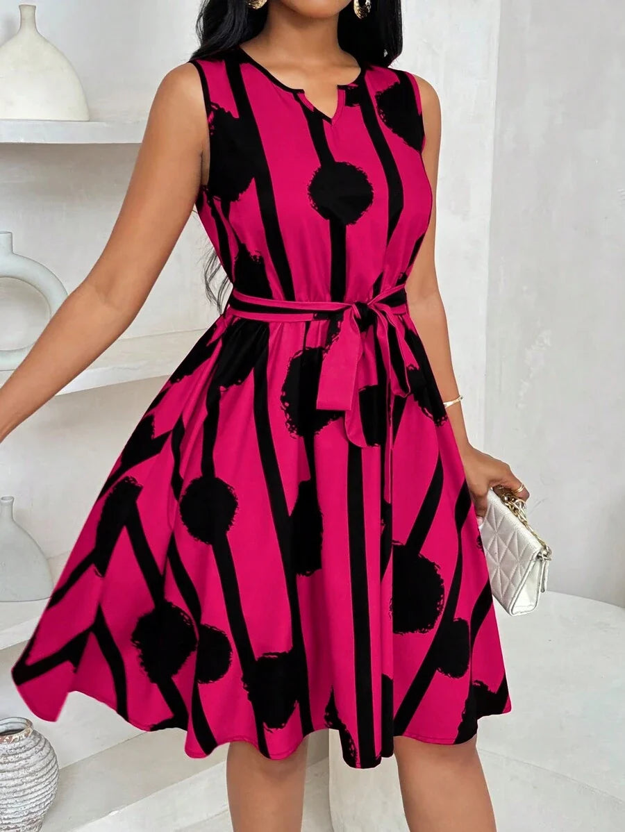 Vivienne | Elegante Geometrische Print Taille-Tie Jurk