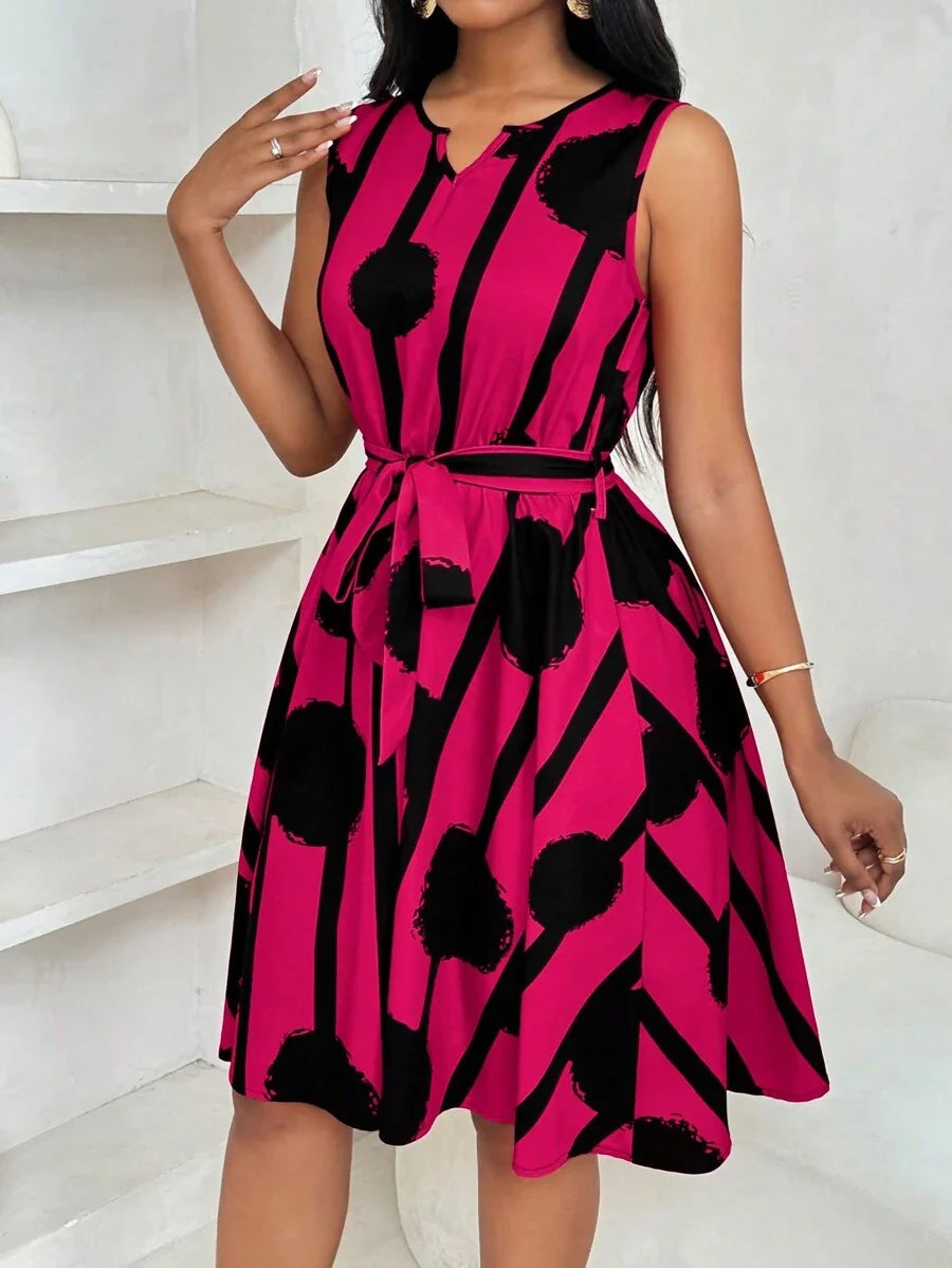 Vivienne | Elegante Geometrische Print Taille-Tie Jurk