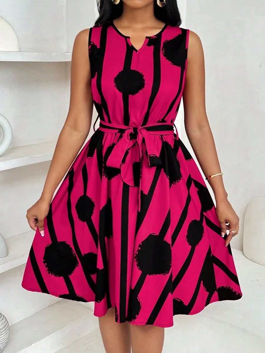 Vivienne | Elegante Geometrische Print Taille-Tie Jurk