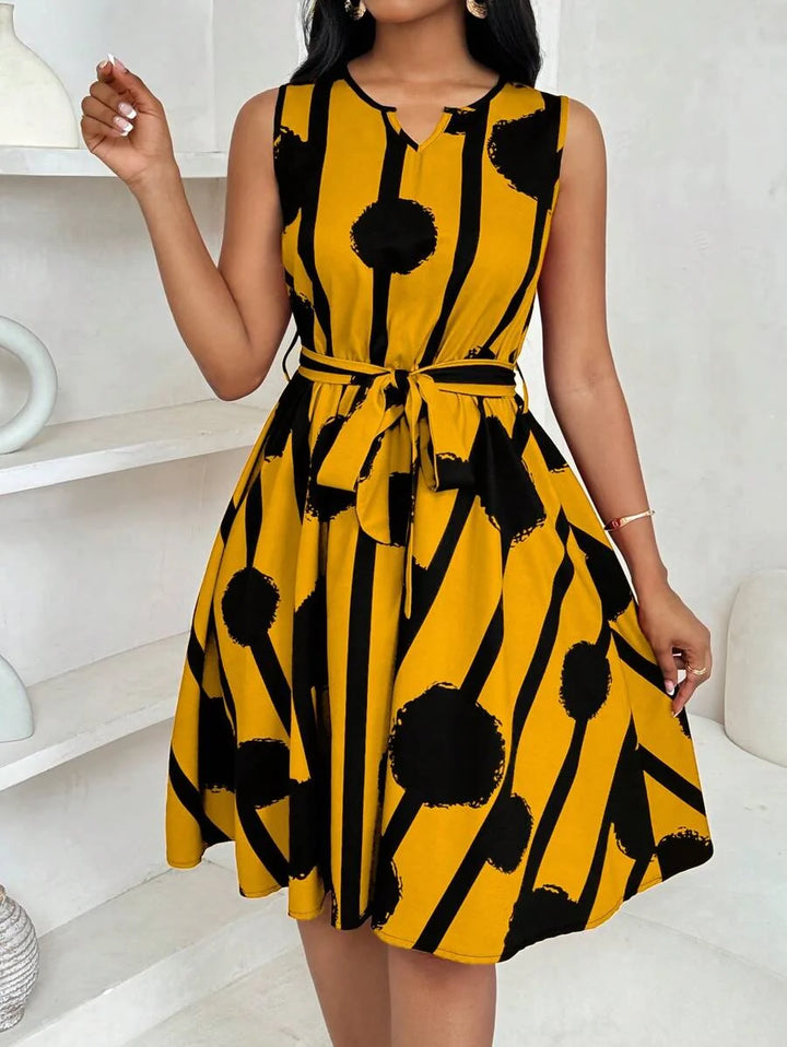 Vivienne | Elegante Geometrische Print Taille-Tie Jurk