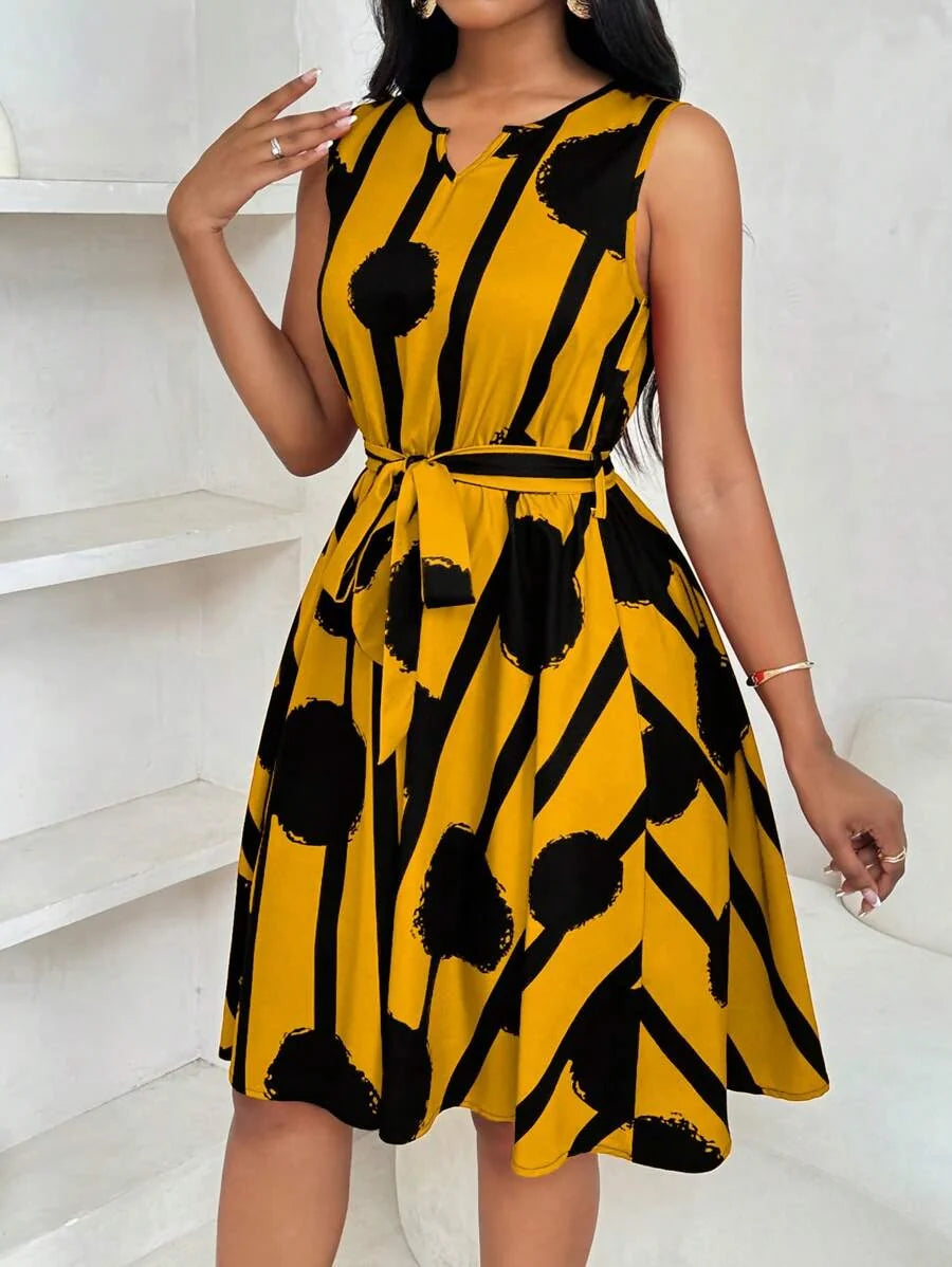 Vivienne | Elegante Geometrische Print Taille-Tie Jurk