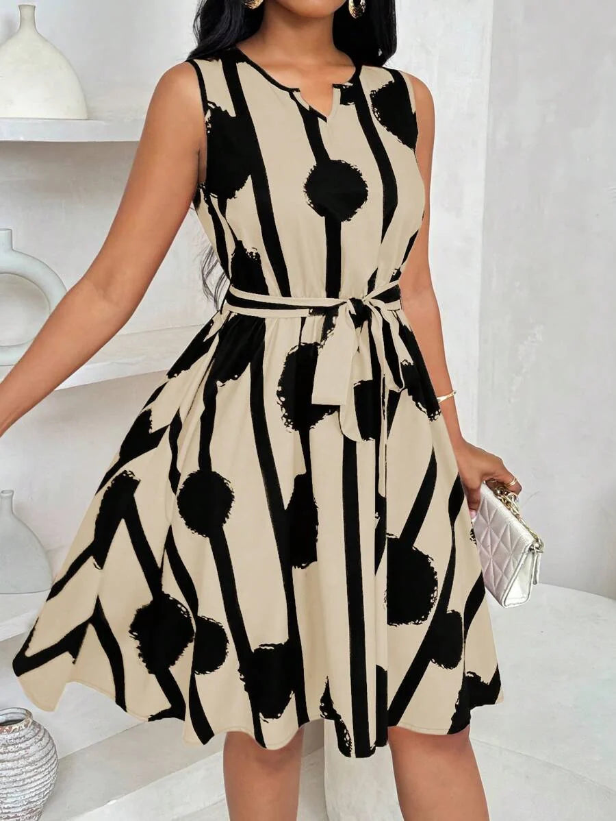 Vivienne | Elegante Geometrische Print Taille-Tie Jurk