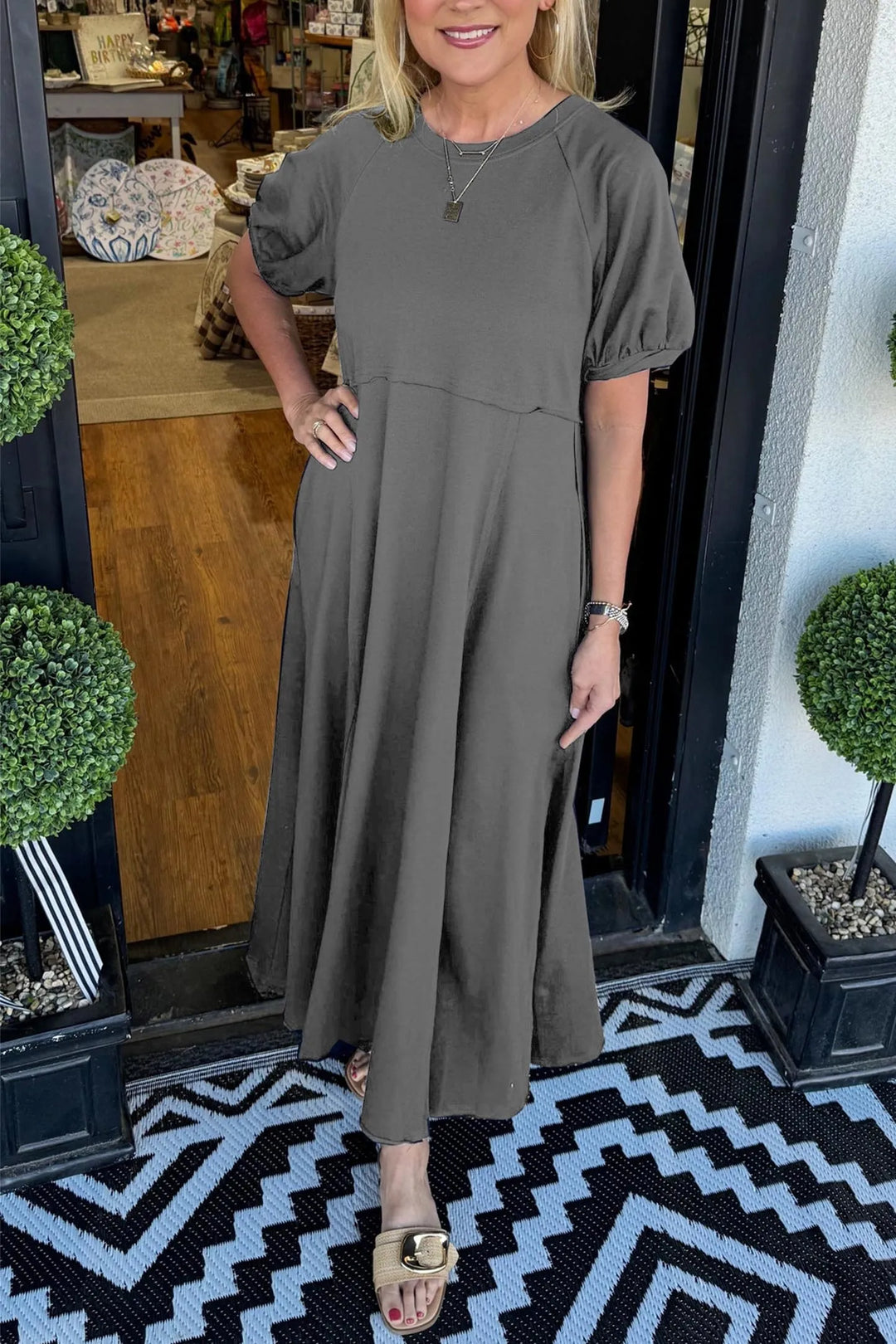 Haisley | Maxi-jurk met Pofmouwen en Ronde Hals