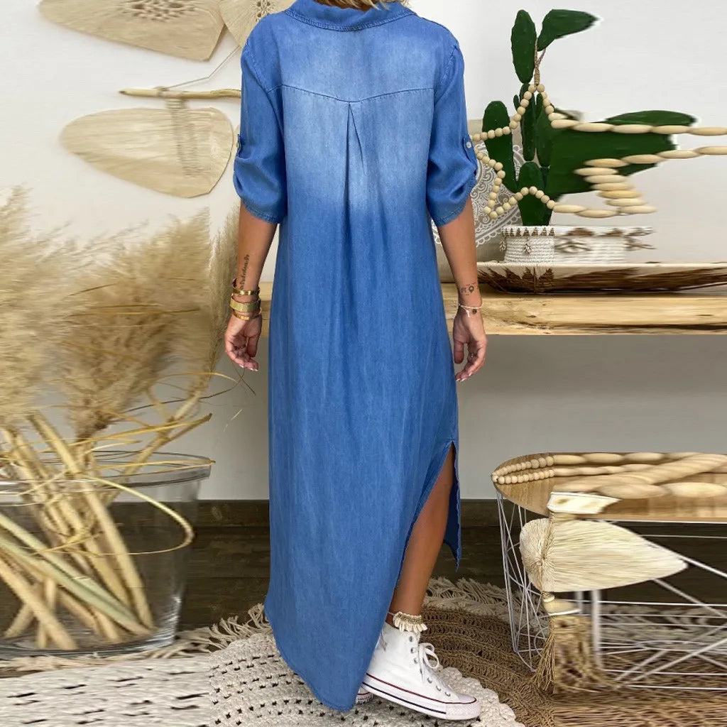 Alliah | Elegante Midi Mouwen V-Hals Effen Jurk
