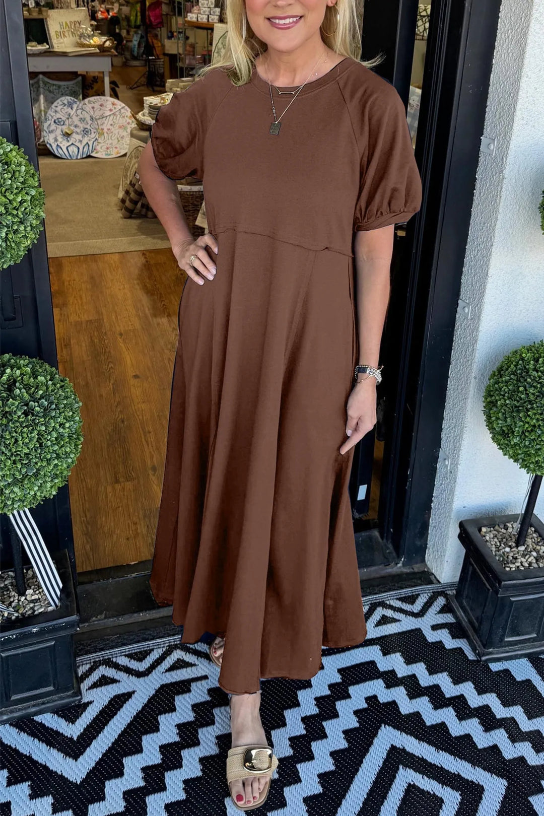 Haisley | Maxi-jurk met Pofmouwen en Ronde Hals
