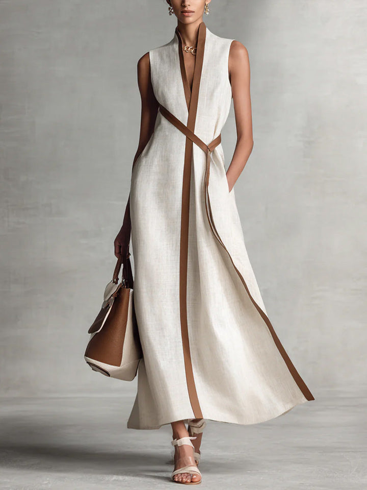 Verity | Contrast-Trim Mouwloze Midi-Jurk