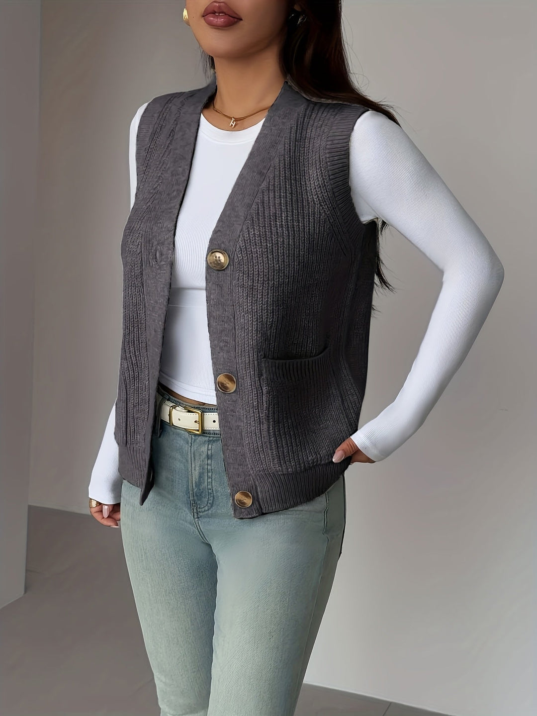 Miriam | Geknoopte V-Hals Gebreide Vest