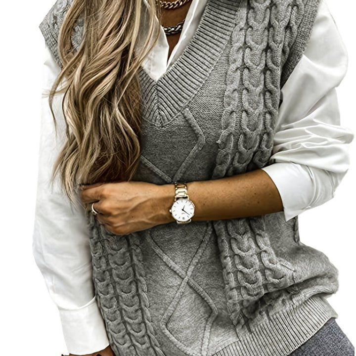 Cora | Gezellige Kabelgebreide V-Hals Sweater Vest