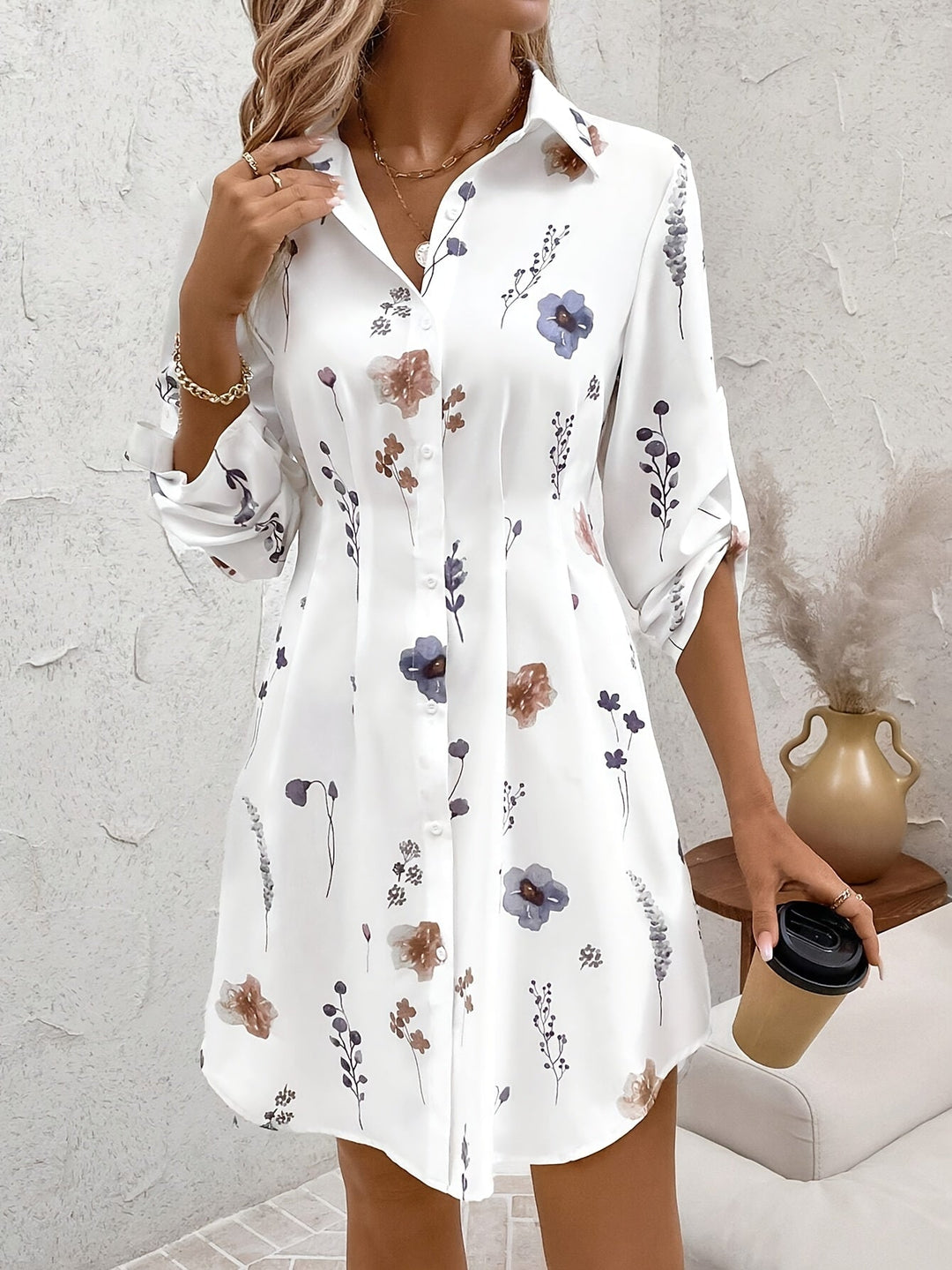 Josie | Bloemen Knop-Front Shirt Jurk