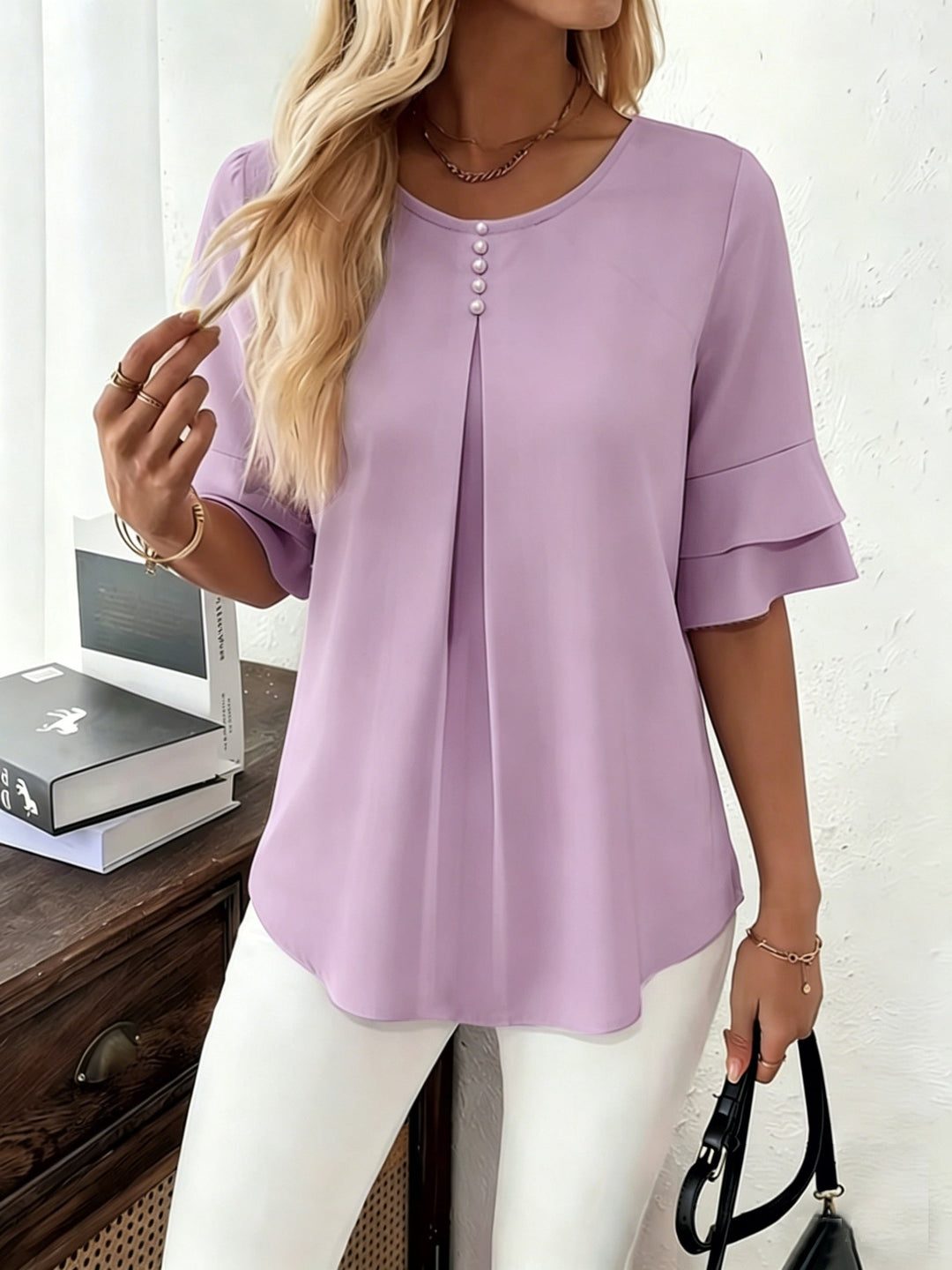 Karen | Blouse met Flared Mouwen en Plissé