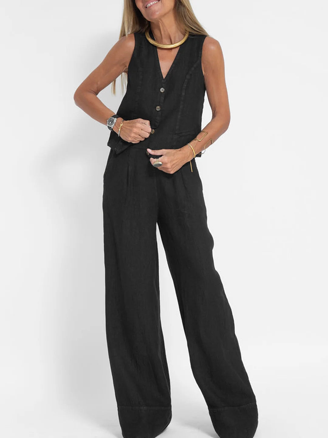 Lauren | Mouwloze V-Hals Vest &amp; Brede Pantalon Set