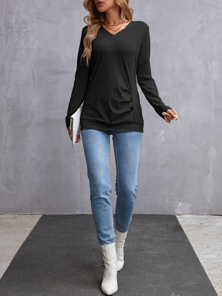 Kathryn | Zijknop V-Hals Lange Mouwen Top