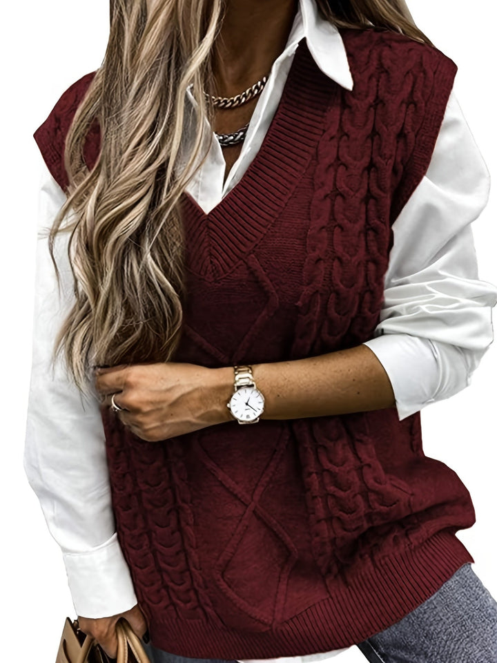 Cora | Gezellige Kabelgebreide V-Hals Sweater Vest