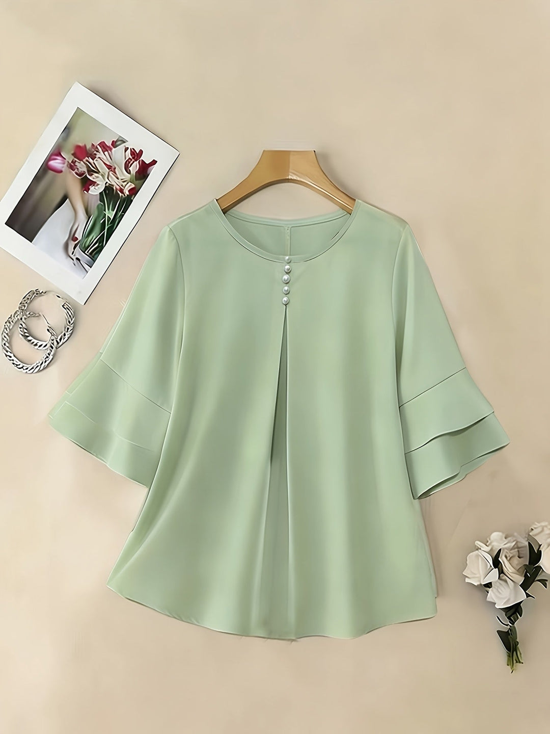 Karen | Blouse met Flared Mouwen en Plissé