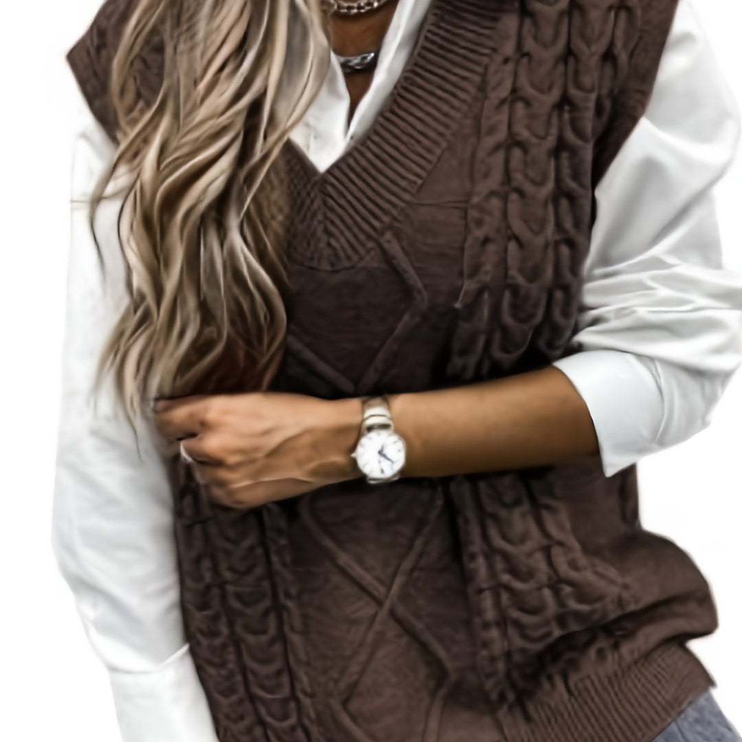 Cora | Gezellige Kabelgebreide V-Hals Sweater Vest