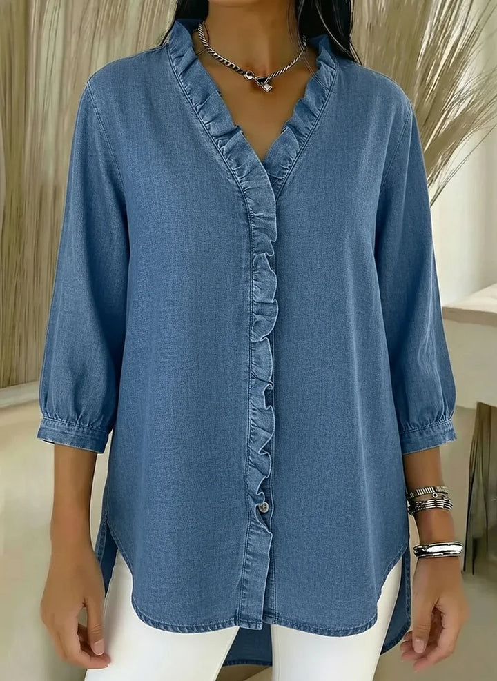 Paula | Stijlvolle Rimpel Blouse met Middellange Mouwen
