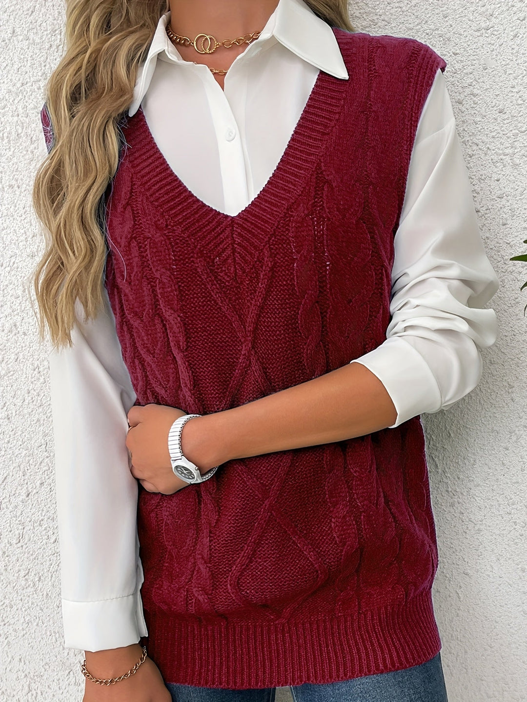 Cora | Gezellige Kabelgebreide V-Hals Sweater Vest