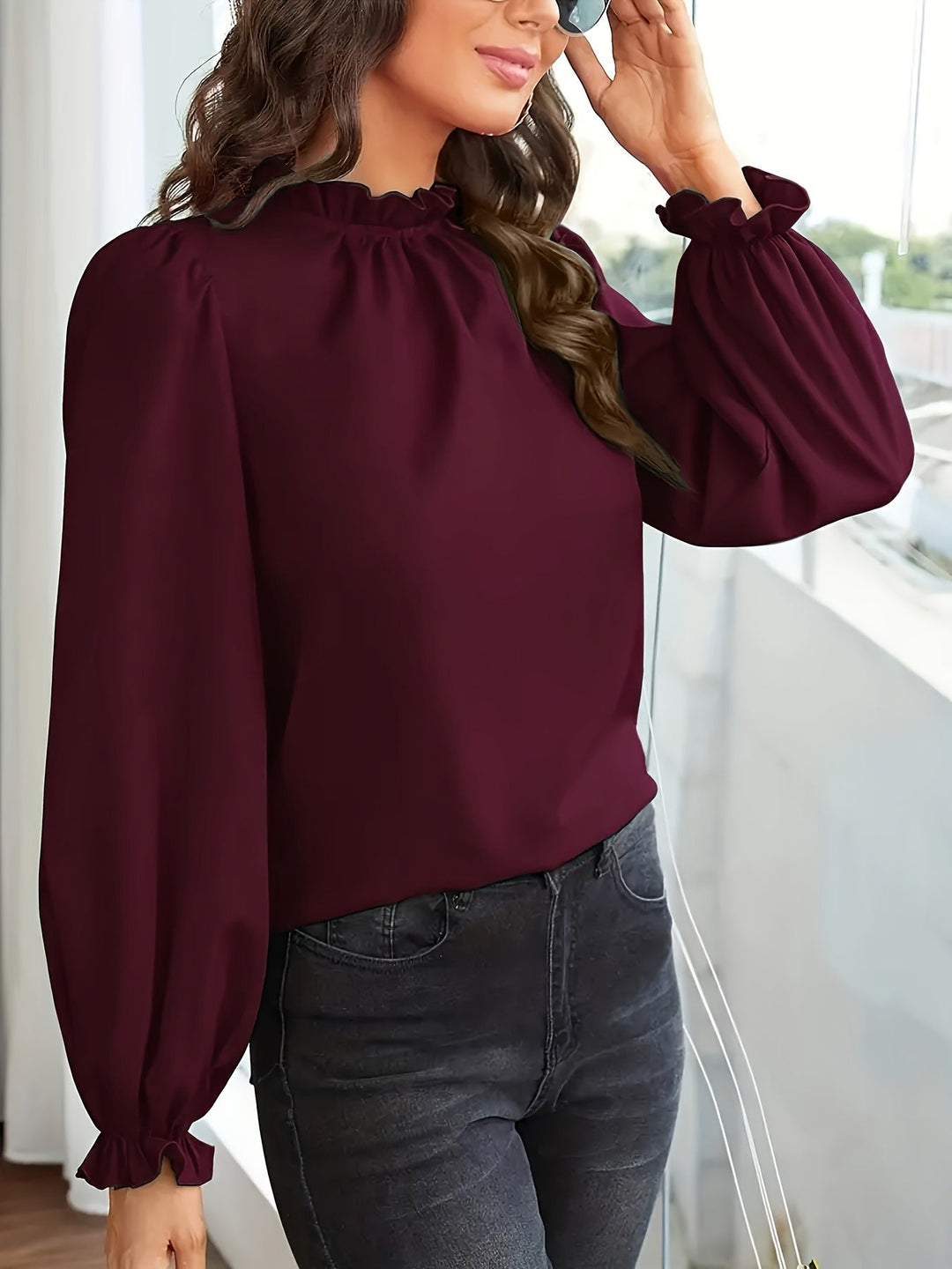Tamsin | Rimpelige Hoge Hals Puff Mouw Blouse