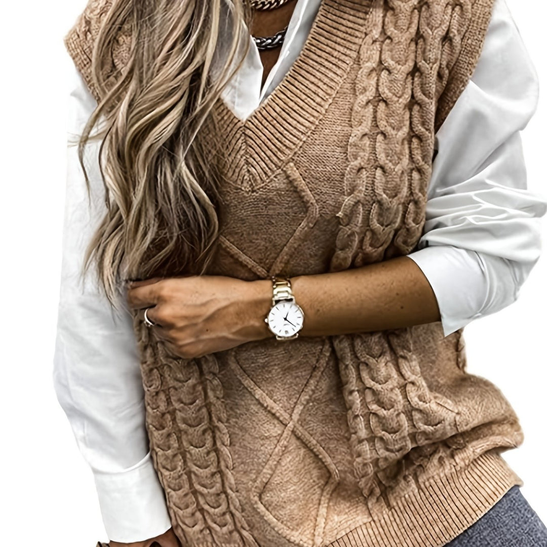Cora | Gezellige Kabelgebreide V-Hals Sweater Vest