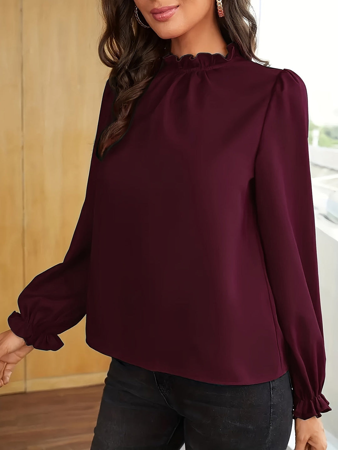 Tamsin | Rimpelige Hoge Hals Puff Mouw Blouse