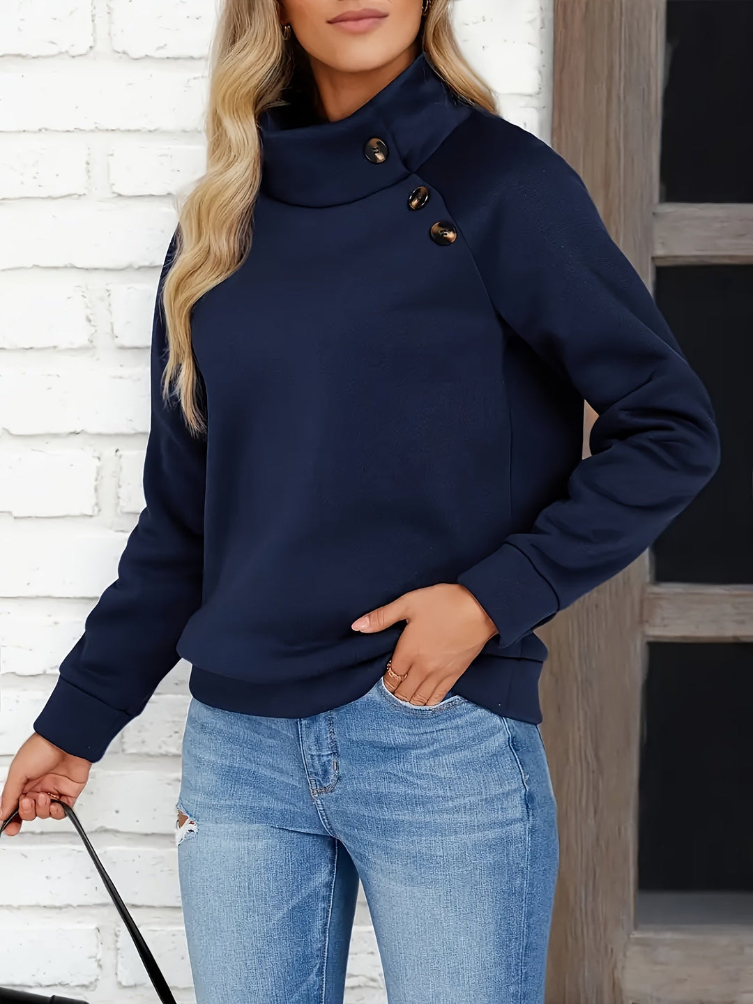 Kirsten | Sweatshirt met Staande Kraag en Knopenaccent