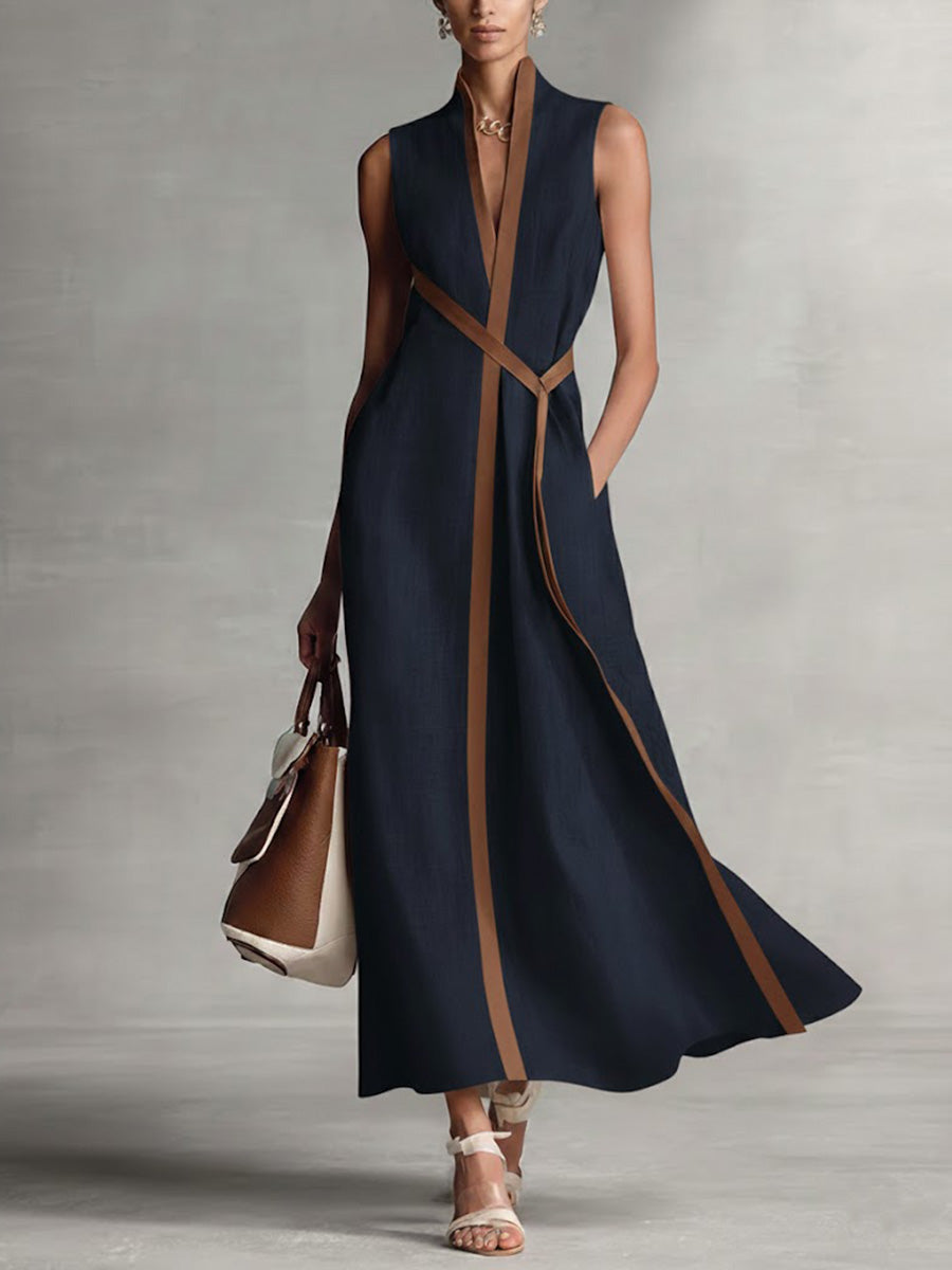 Verity | Contrast-Trim Mouwloze Midi-Jurk