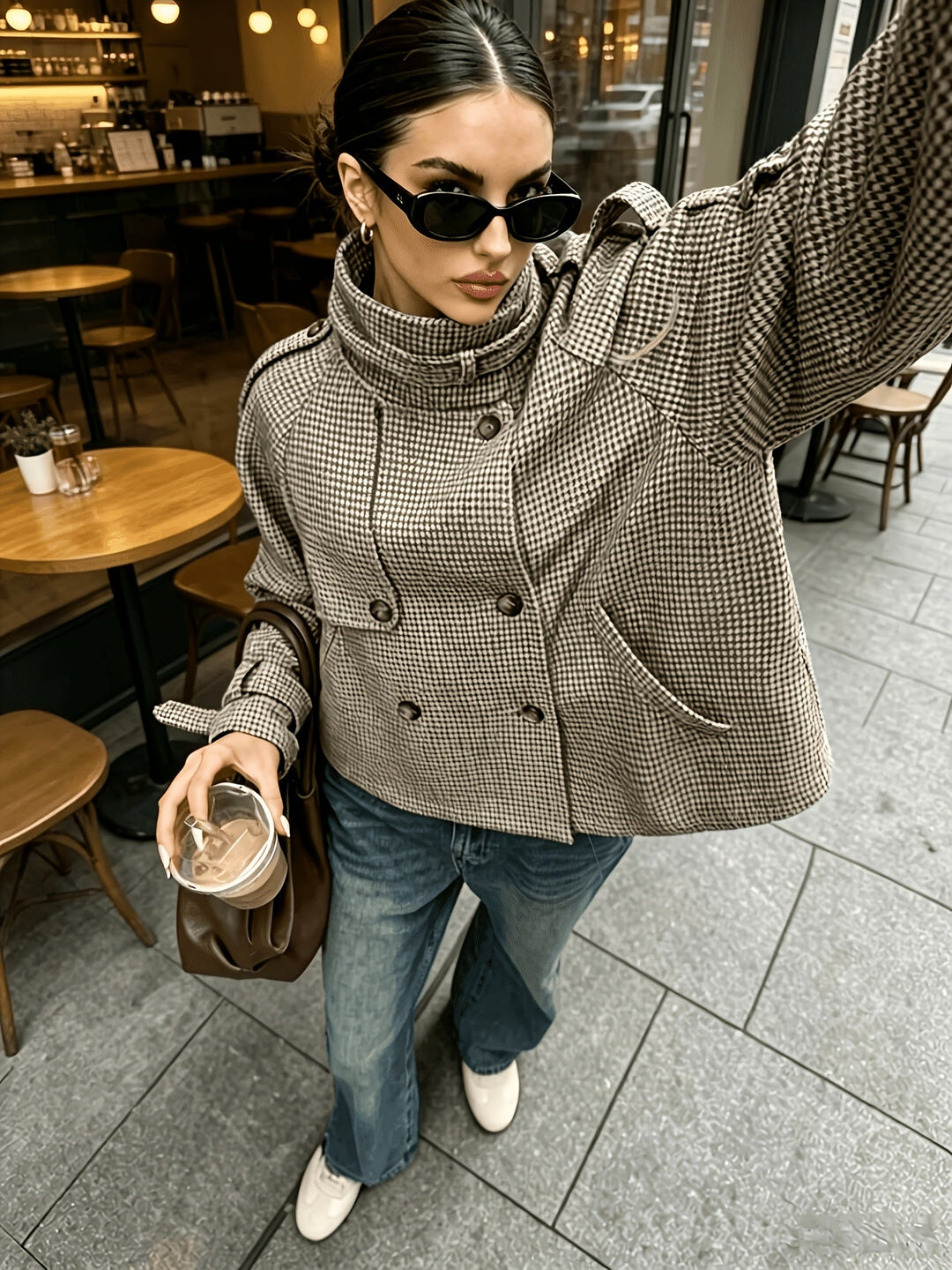 Marguerite | Staande Kraag Houndstooth Jas