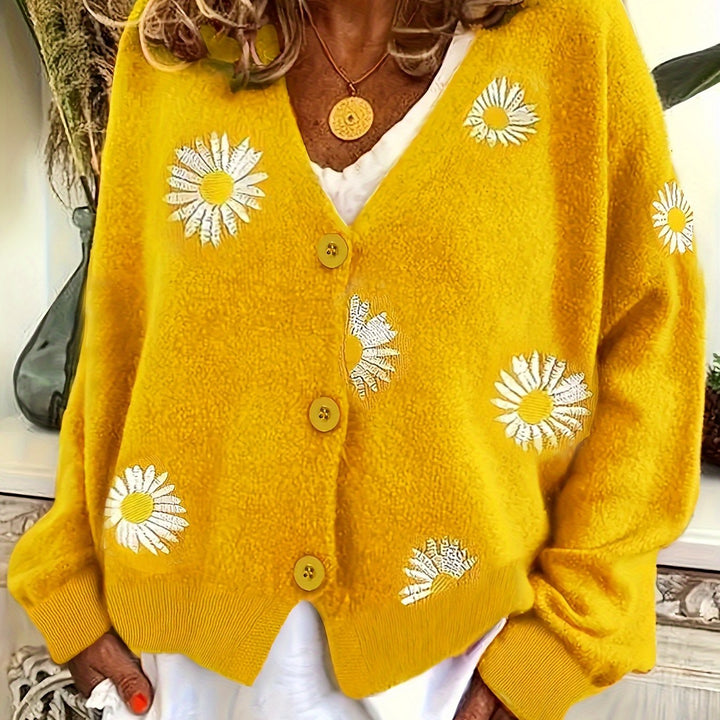 Maribel | Geborduurde Bloemen Knop-Front Cardigan
