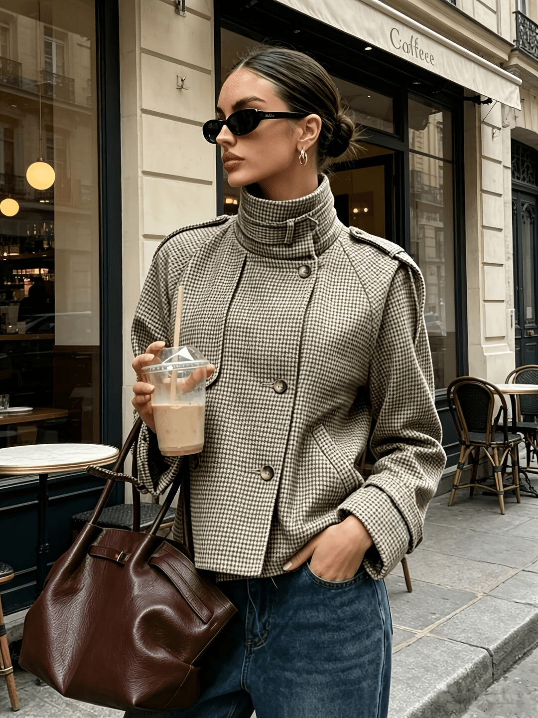 Marguerite | Staande Kraag Houndstooth Jas