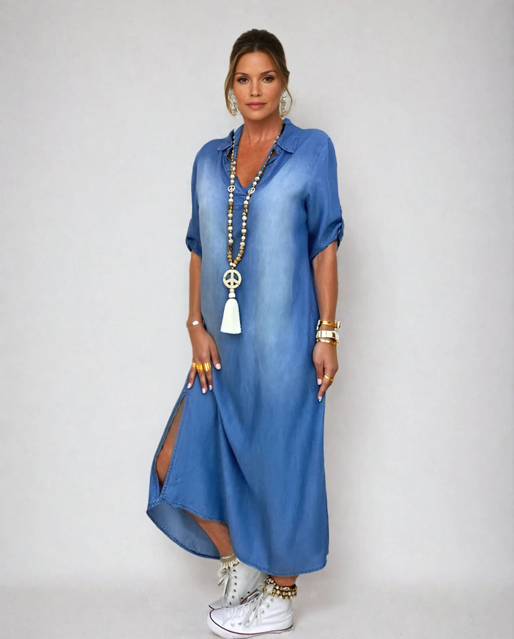 Alliah | Elegante Midi Mouwen V-Hals Effen Jurk