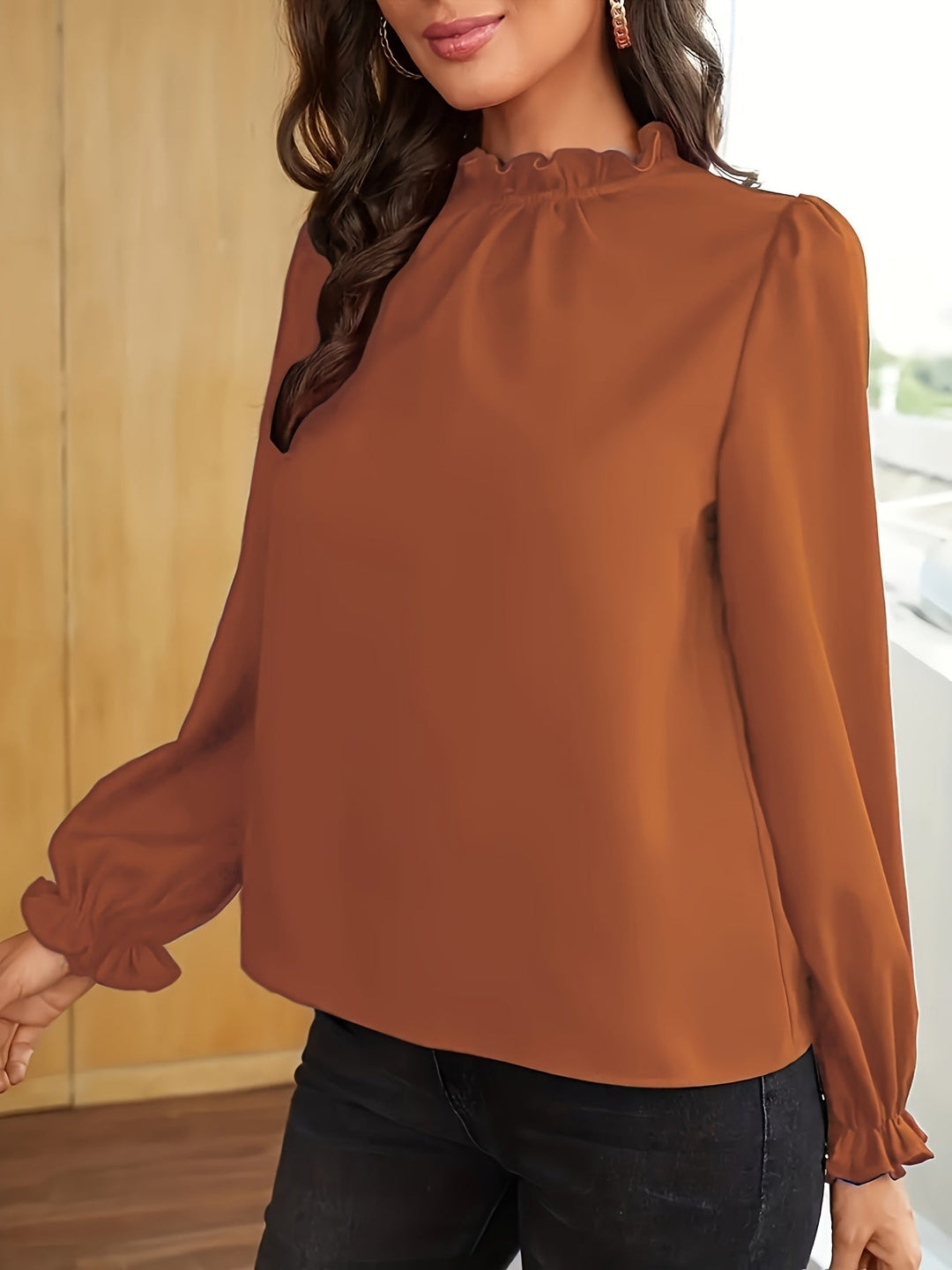 Tamsin | Rimpelige Hoge Hals Puff Mouw Blouse