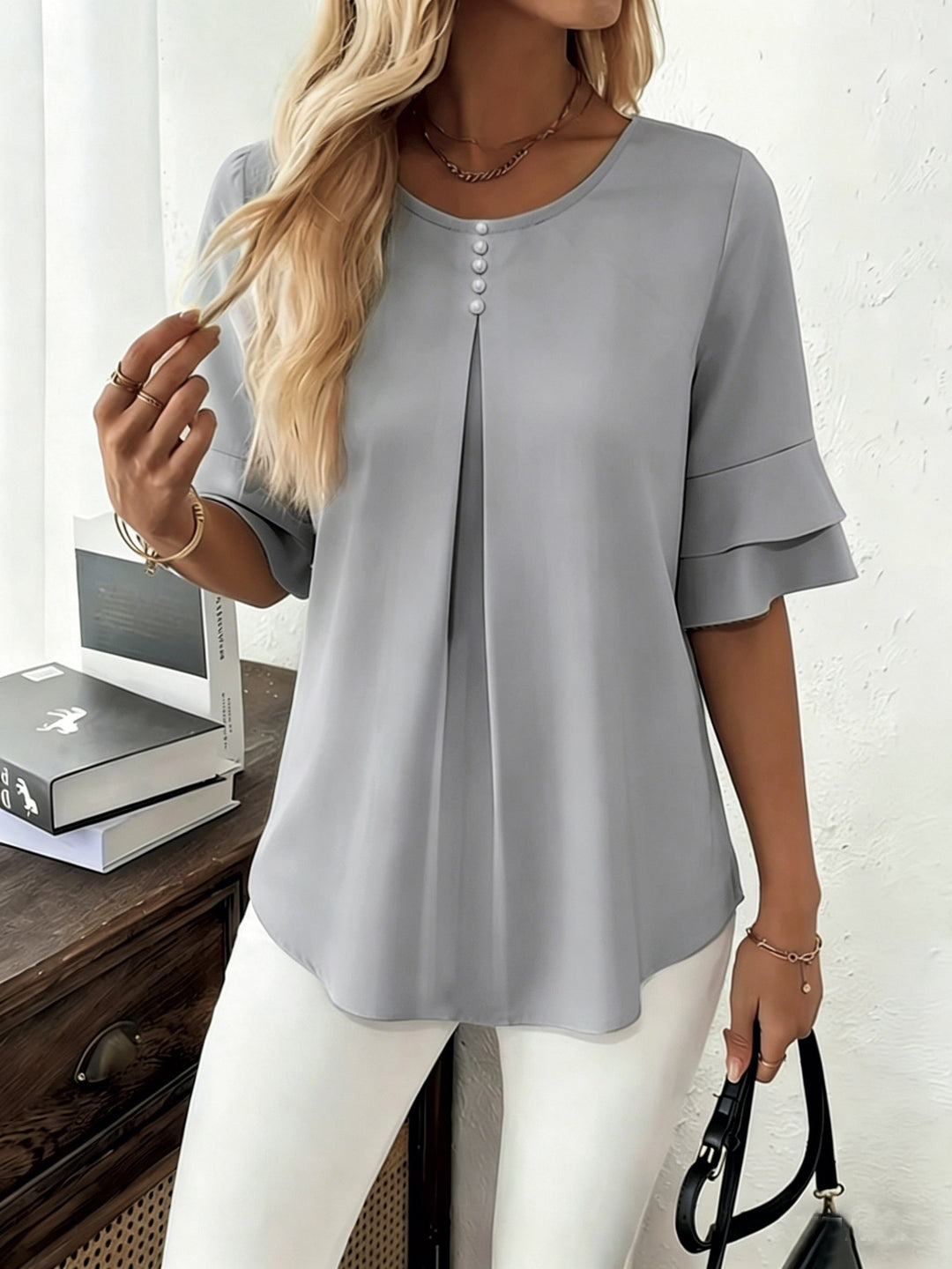 Karen | Blouse met Flared Mouwen en Plissé