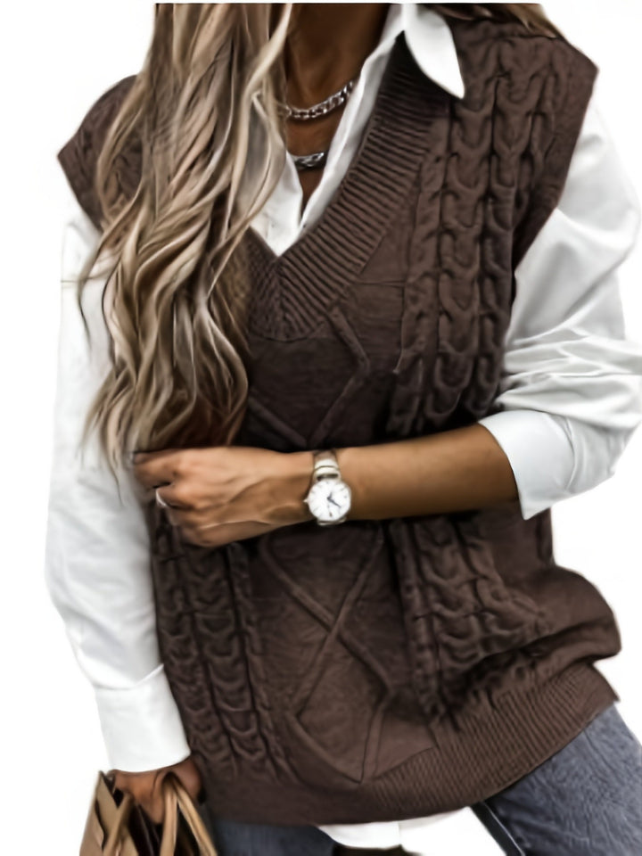 Cora | Gezellige Kabelgebreide V-Hals Sweater Vest
