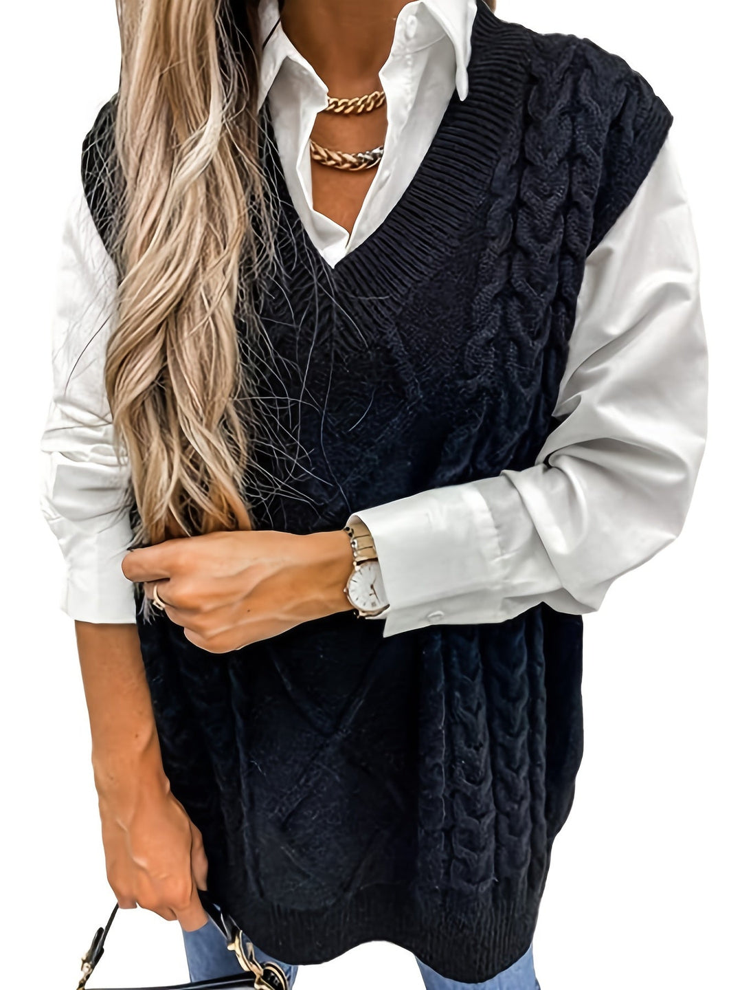 Cora | Gezellige Kabelgebreide V-Hals Sweater Vest