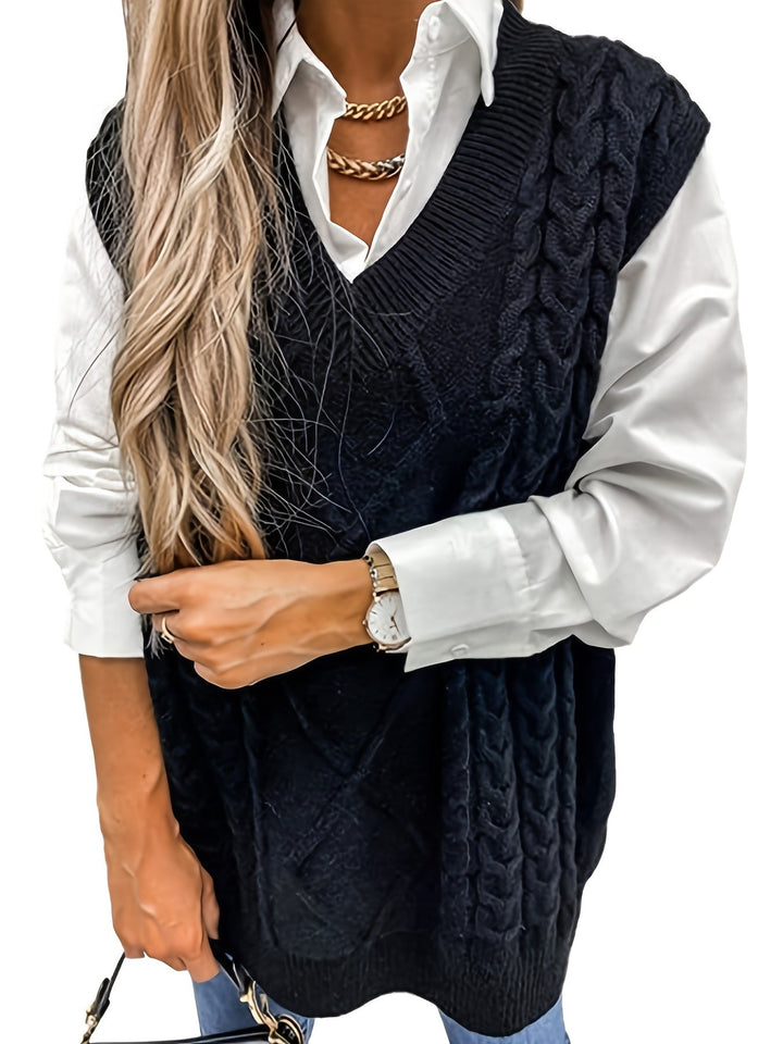 Cora | Gezellige Kabelgebreide V-Hals Sweater Vest