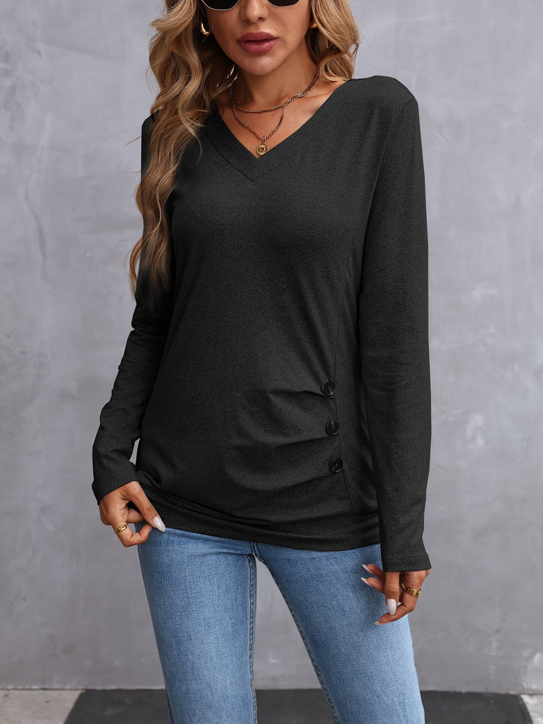 Kathryn | Zijknop V-Hals Lange Mouwen Top