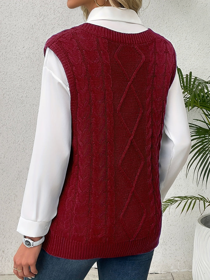 Cora | Gezellige Kabelgebreide V-Hals Sweater Vest