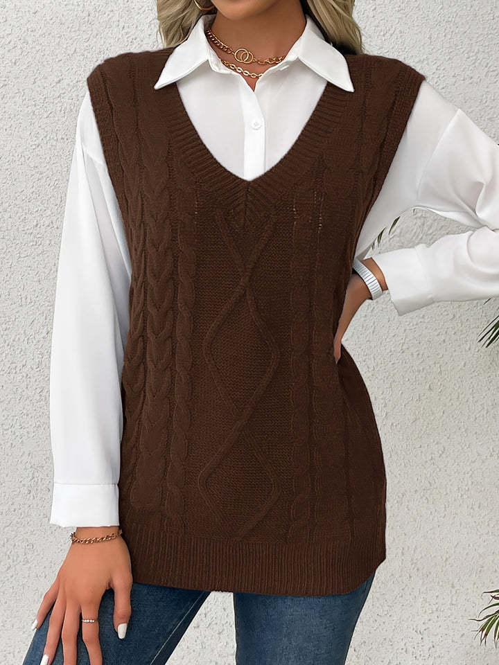 Cora | Gezellige Kabelgebreide V-Hals Sweater Vest