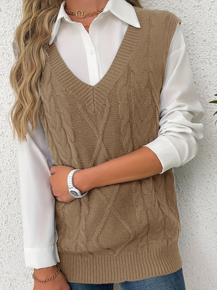Cora | Gezellige Kabelgebreide V-Hals Sweater Vest