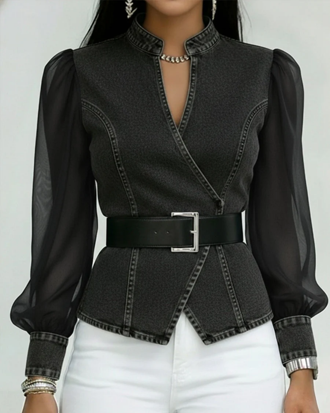 Lucille | Peplum Top met Gelaagde Mouwen