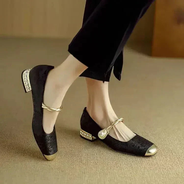 Camille | Vintage Vlecht Pearl Strap Schoenen