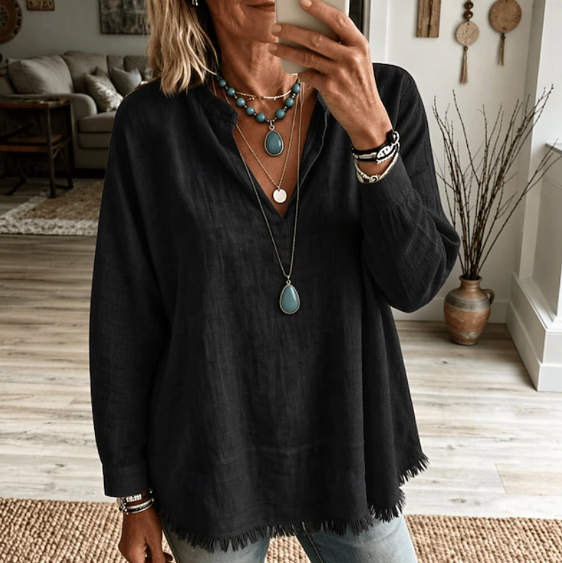 Olijf | Ontspannen V-Hals Tuniek Blouse