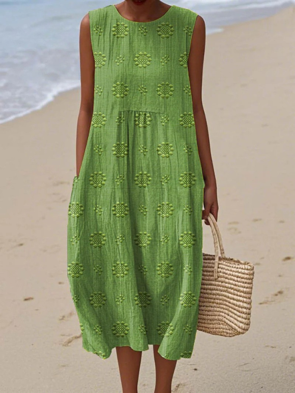 Daisy | Elegante Patroon Mouwloze Midi Jurk
