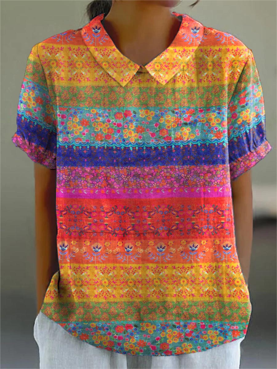 Megan | Elegante Multicolor Bloemen Gestreepte Shirt