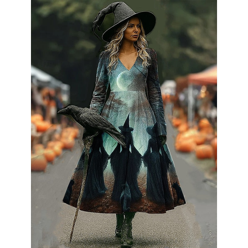 Maren | Halloween Heks Print A-Lijn Maxi Jurk